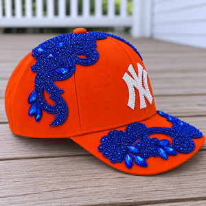 Left-side view of the Blue Crystal Appliqué Orange New York Hat