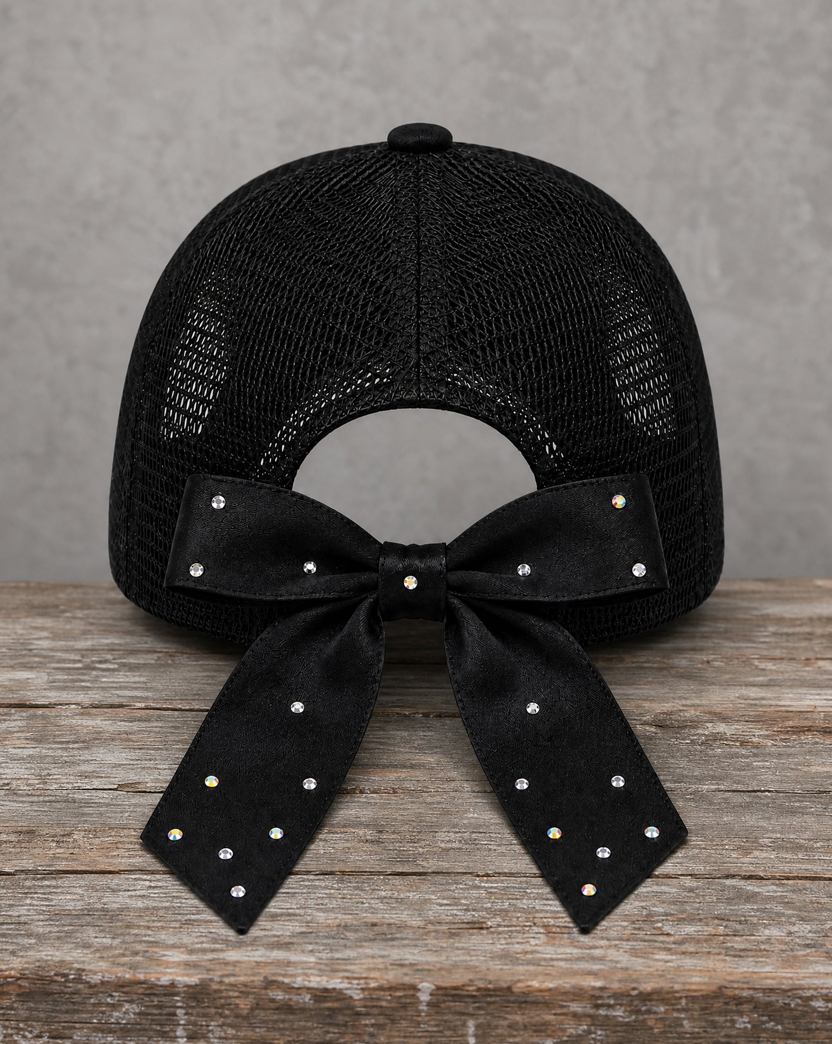 Back view of Chameleon Crystal Appliqué Bow New York Hat showing crystal-accented bow detail
