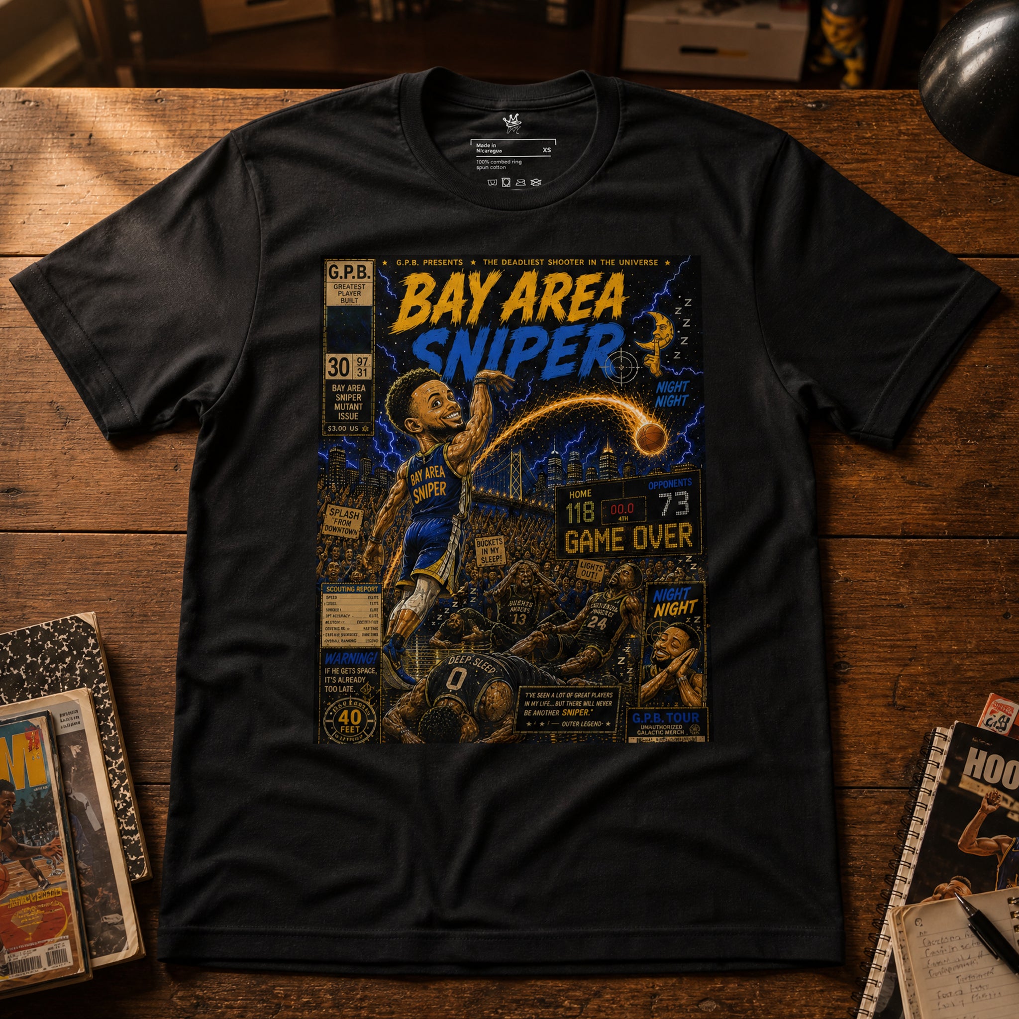Garbage Pail Ballers™ Bay Area Sniper Stephen Curry-inspired Vintage Hardwood Classics basketball graphic T-shirt