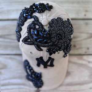 Top view of Black Crystal Appliqué Big New York Hat with hand-applied black crystals