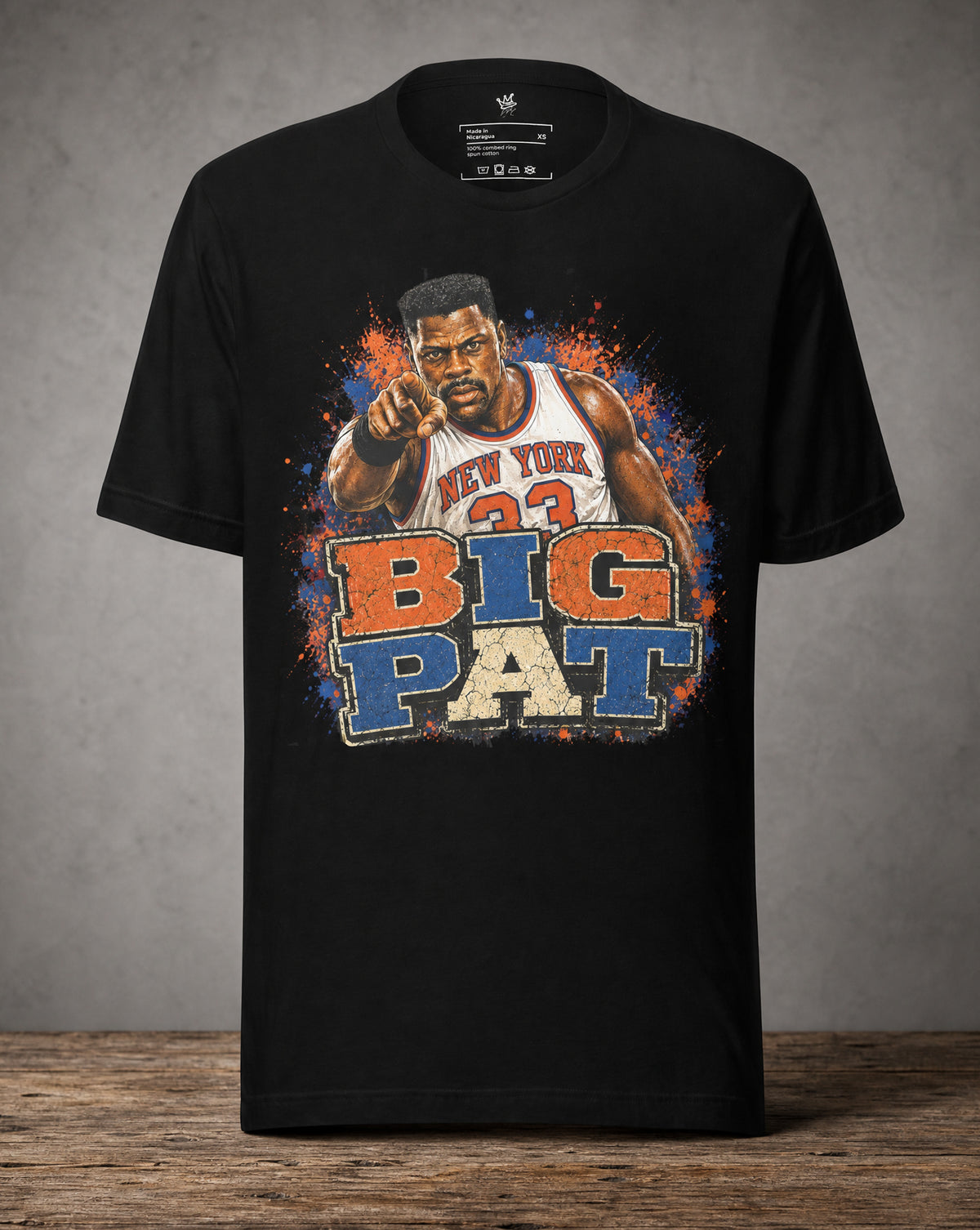 Front view Garbage Pail Ballers™ Big Pat Patrick Ewing-inspired Vintage Hardwood Classics basketball graphic T-shirt