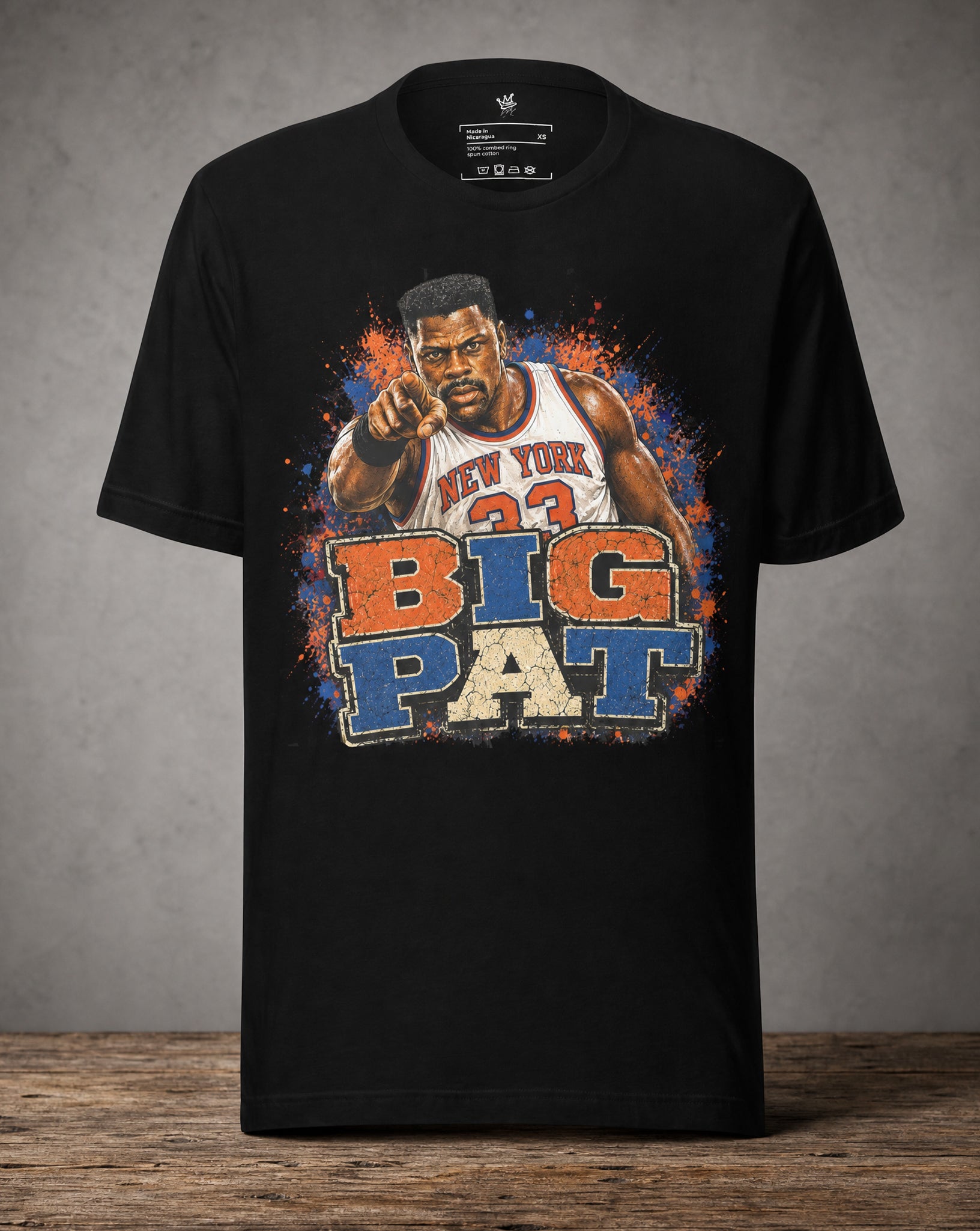 Front view Garbage Pail Ballers™ Big Pat Patrick Ewing-inspired Vintage Hardwood Classics basketball graphic T-shirt