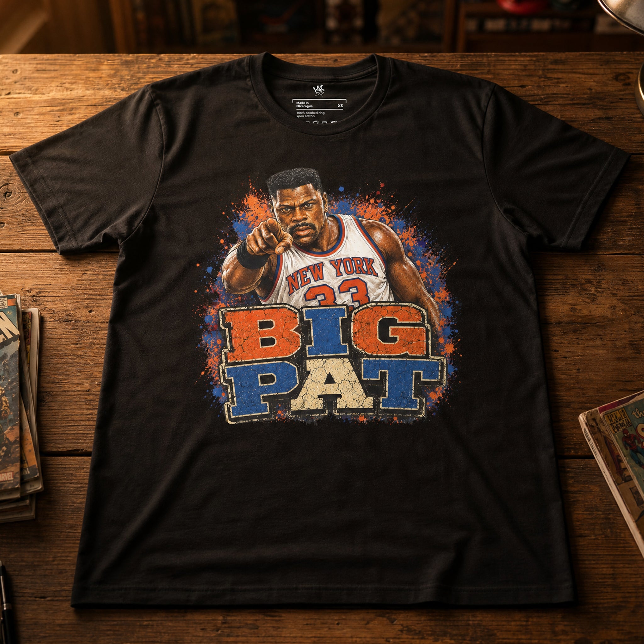 Garbage Pail Ballers™ Big Pat Patrick Ewing-inspired Vintage Hardwood Classics basketball graphic T-shirt
