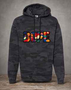 Black camouflage hoodie featuring a handcrafted chenille DOPE patch