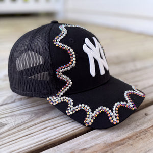 side view Black Chameleon Crystal Appliqué New York Hat with iridescent handcrafted crystal details