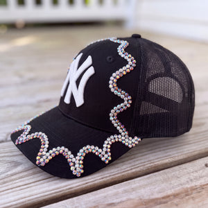side view Black Chameleon Crystal Appliqué New York Hat with iridescent handcrafted crystal details