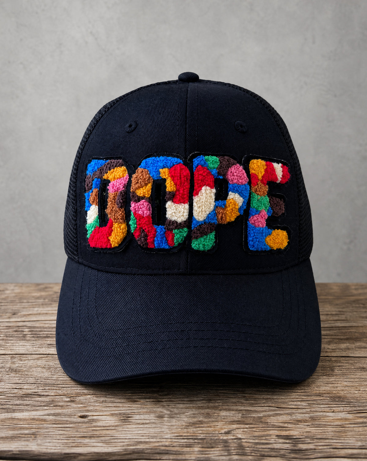 DOPE chenille patched black hat with handcrafted premium patchwork