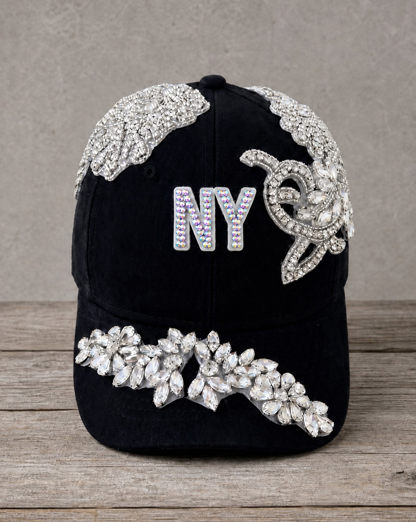 Crystal Appliqué New York hat with hand-applied crystal design
