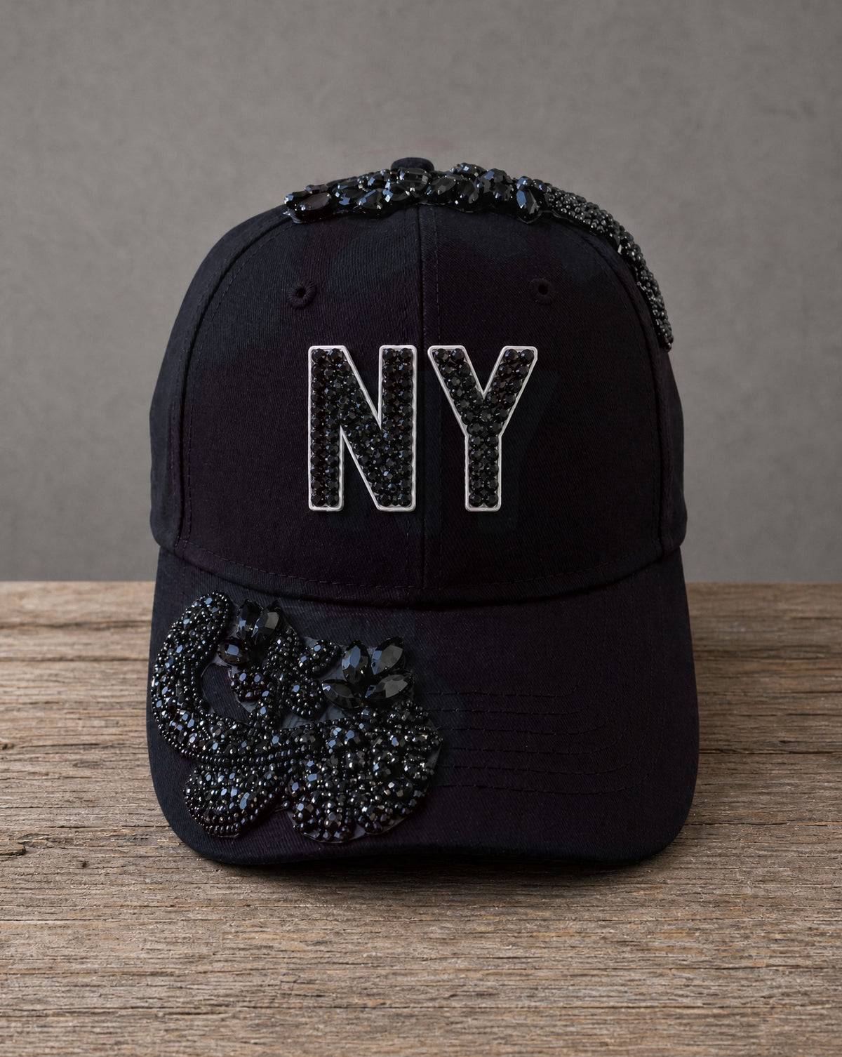 Crystal Appliqué New York hat with hand-applied crystal design