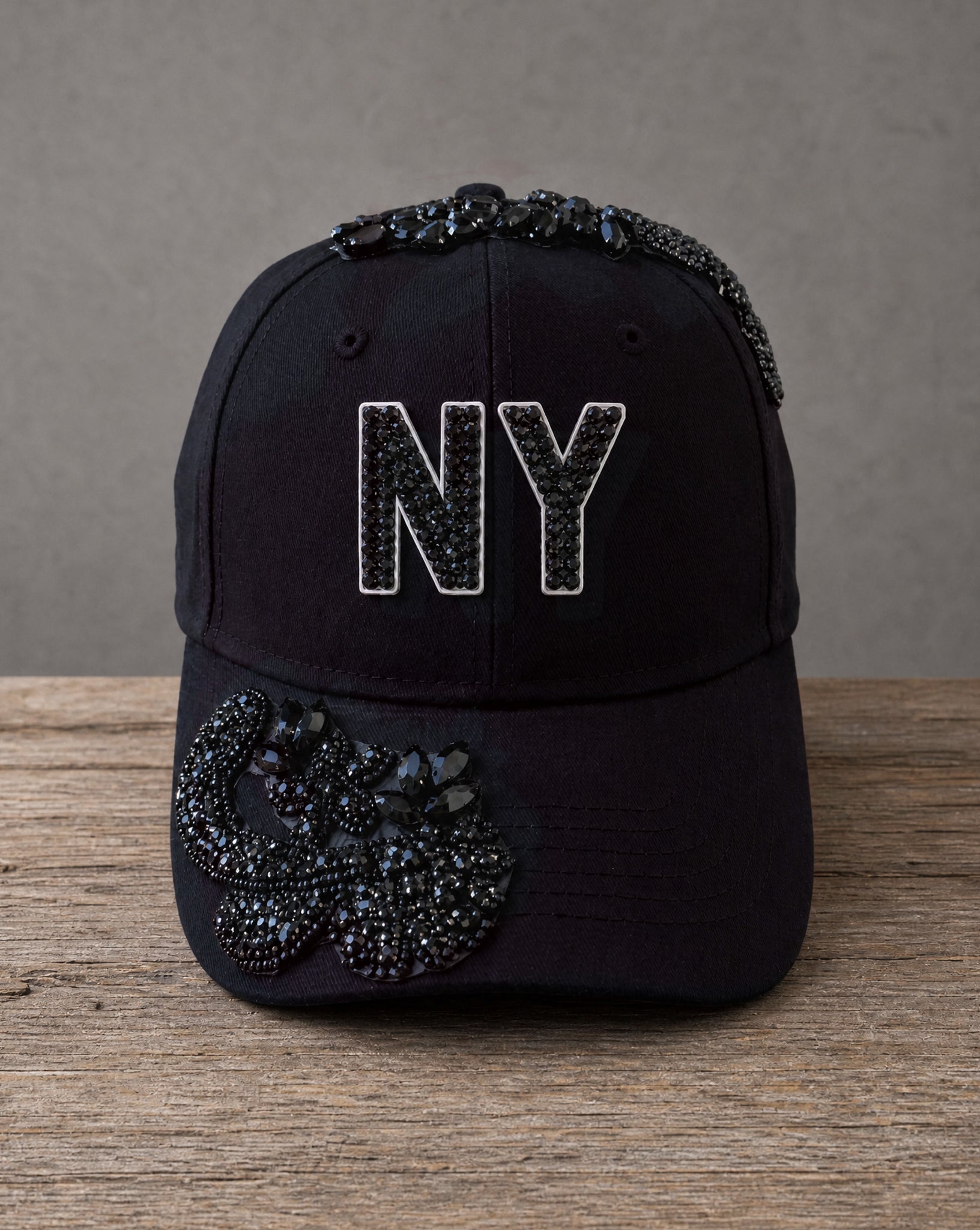 Crystal Appliqué New York hat with hand-applied crystal design