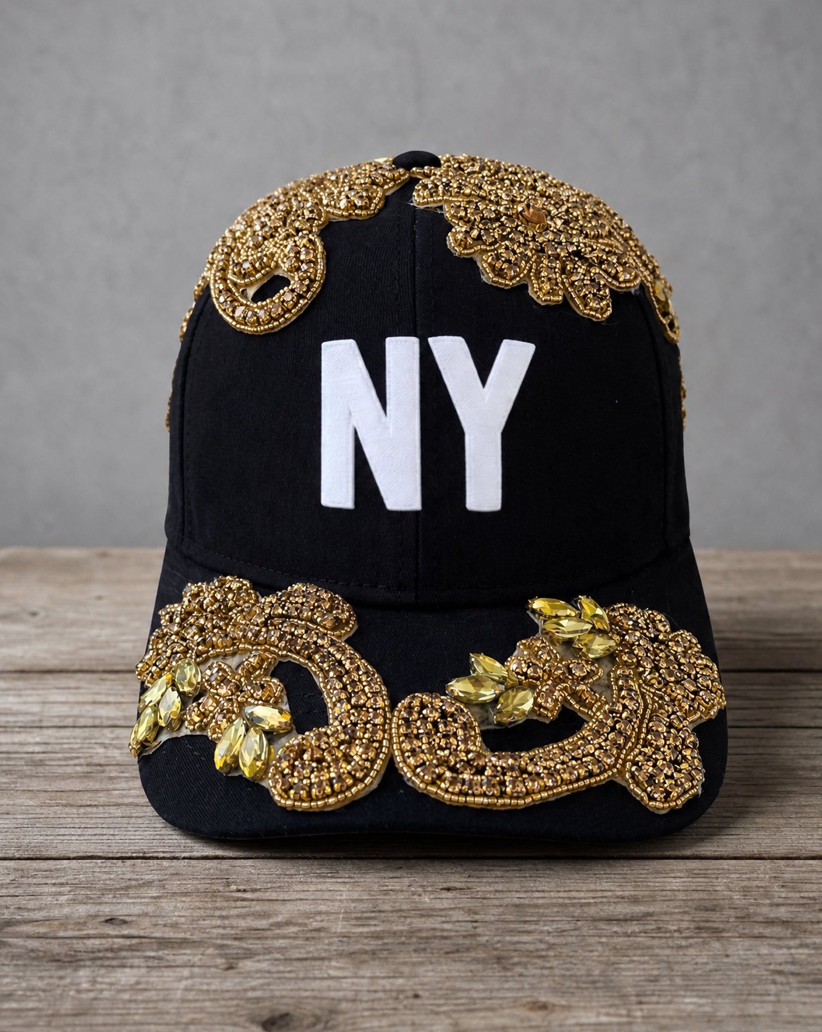 Crystal Appliqué New York hat with hand-applied crystal design