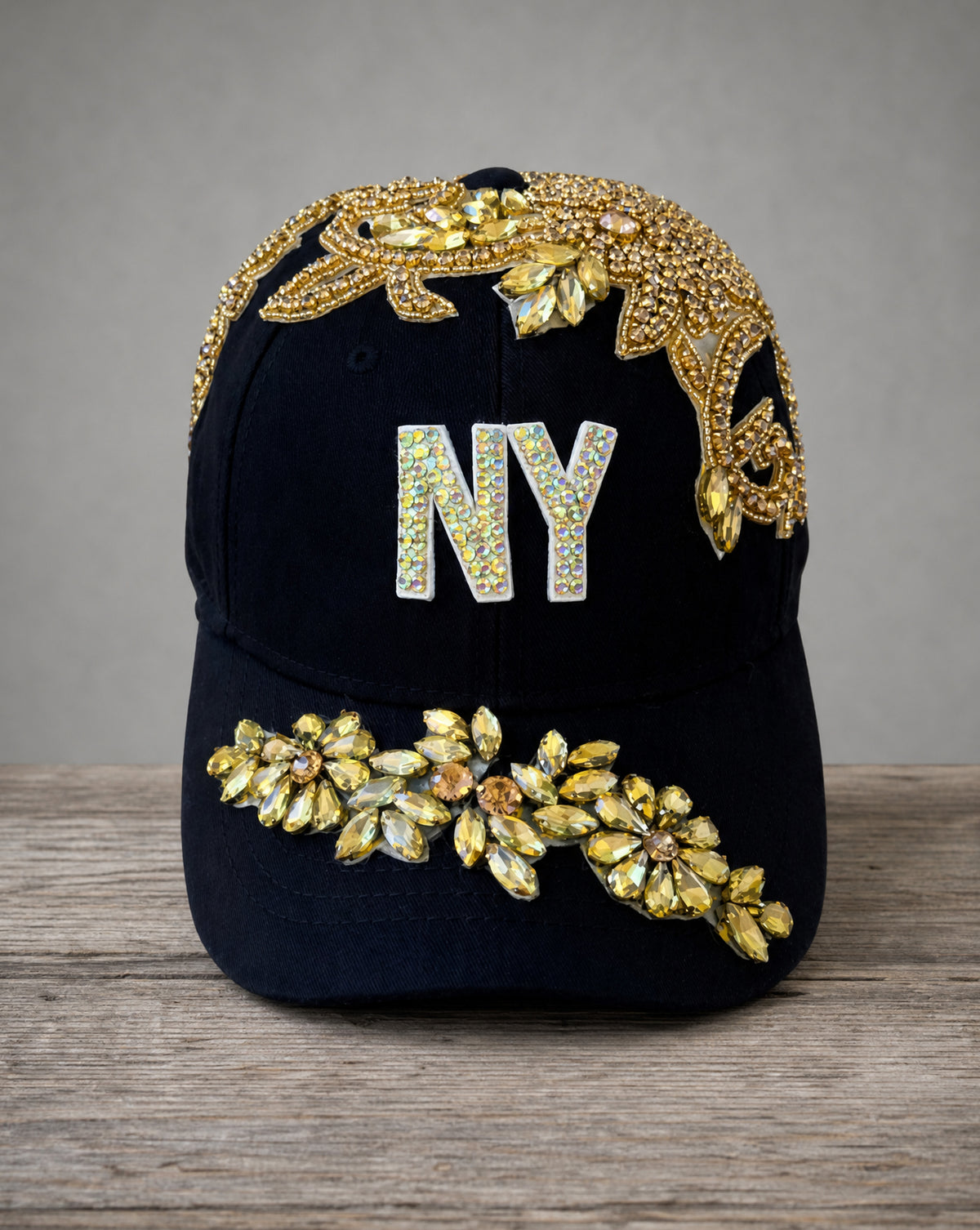 Crystal Appliqué New York hat with hand-applied crystal design