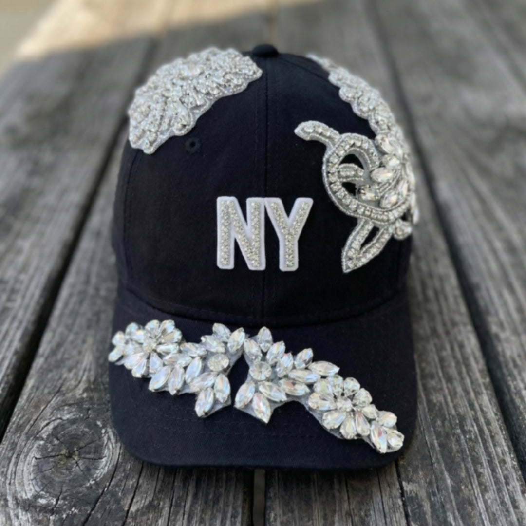 Custom Beaded Luminous Silver Crystal Applique New York Hat - Rebel P Customs