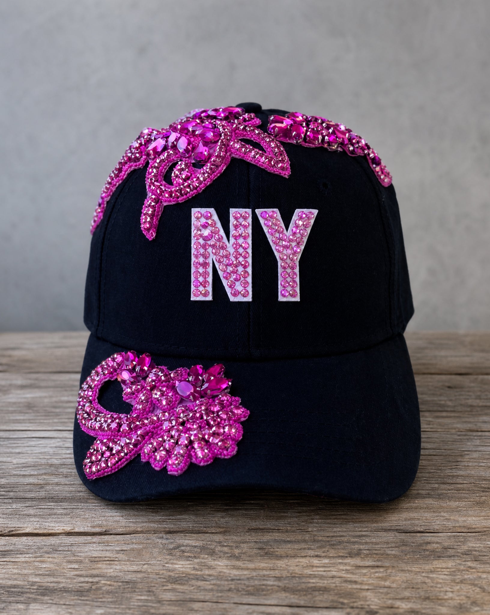 Crystal Appliqué New York hat with hand-applied crystal design