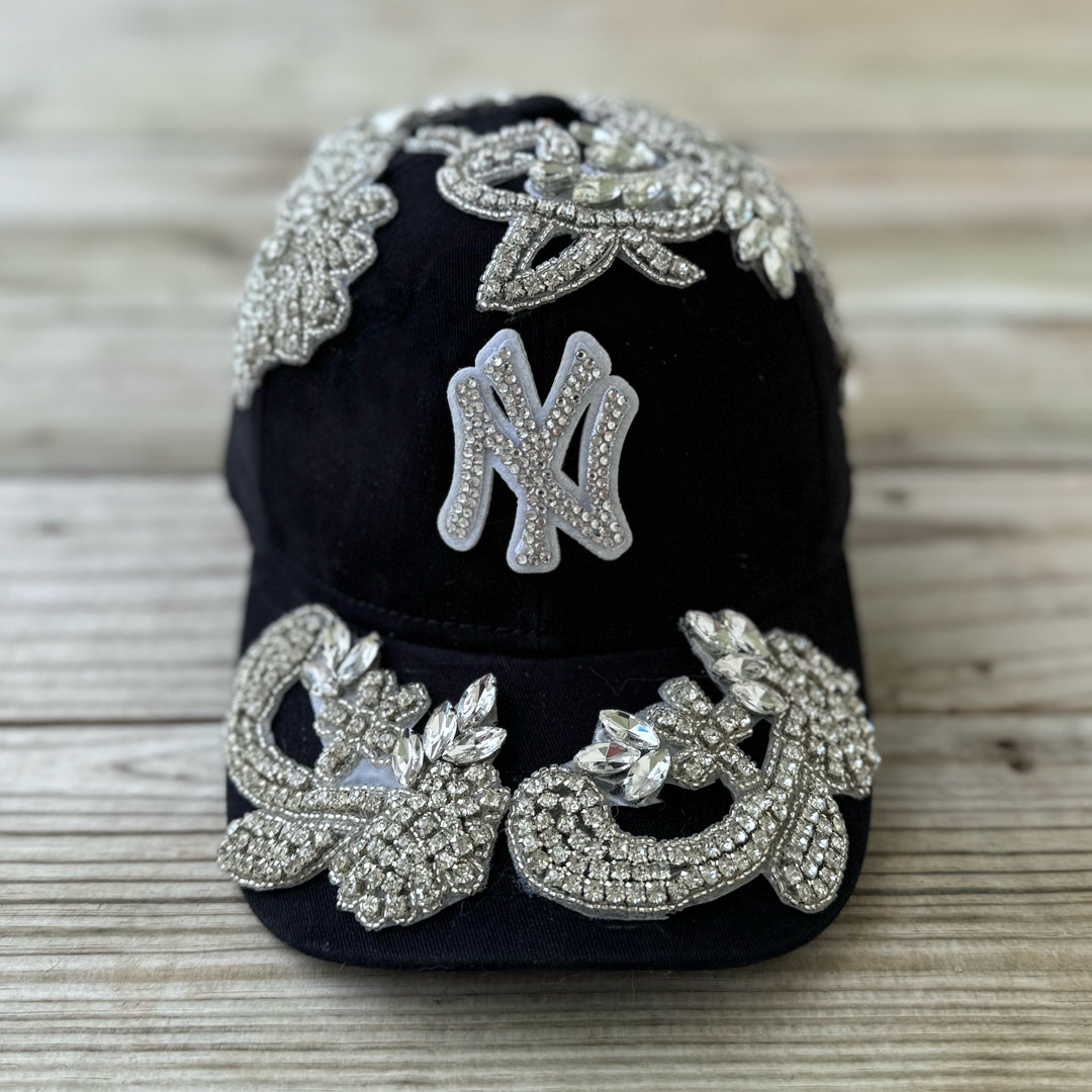 Silver Crystal Appliqué Black New York Hat with hand-applied silver crystal design