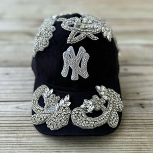 Silver Crystal Appliqué Black New York Hat with hand-applied silver crystal design