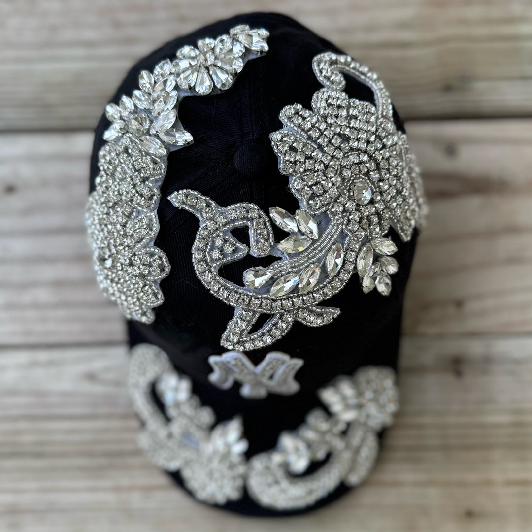 Top view of the Silver Crystal Appliqué Black New York Hat