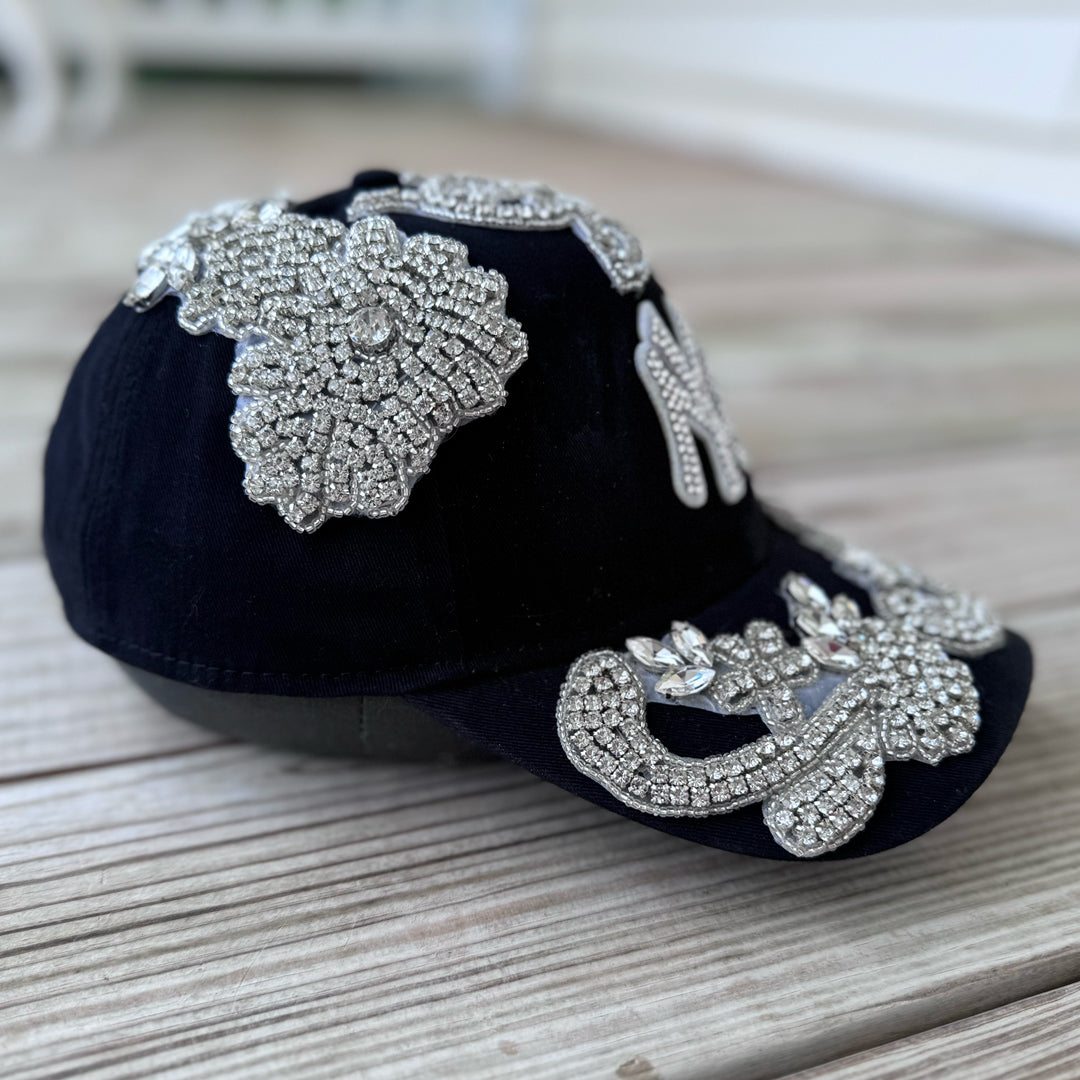 Left-side view of the Silver Crystal Appliqué Black New York Hat