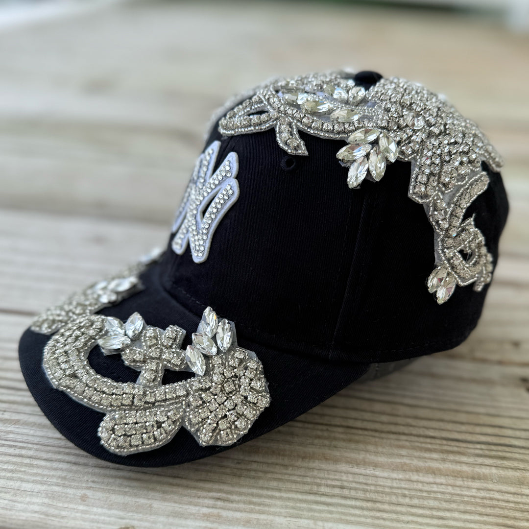 Right-side view of the Silver Crystal Appliqué Black New York Hat