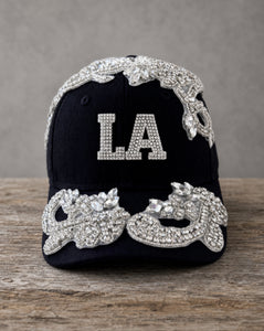 Crystal Appliqué LA hat with hand-applied crystal design