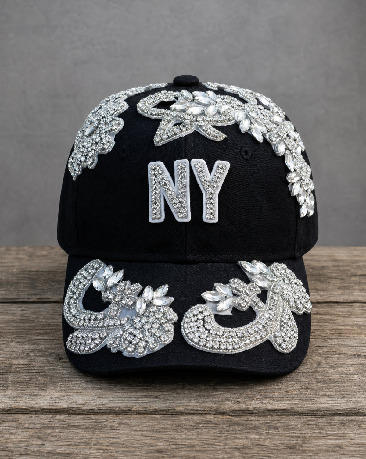 Silver Crystal Appliqué Black New York Hat with hand-applied silver crystal design