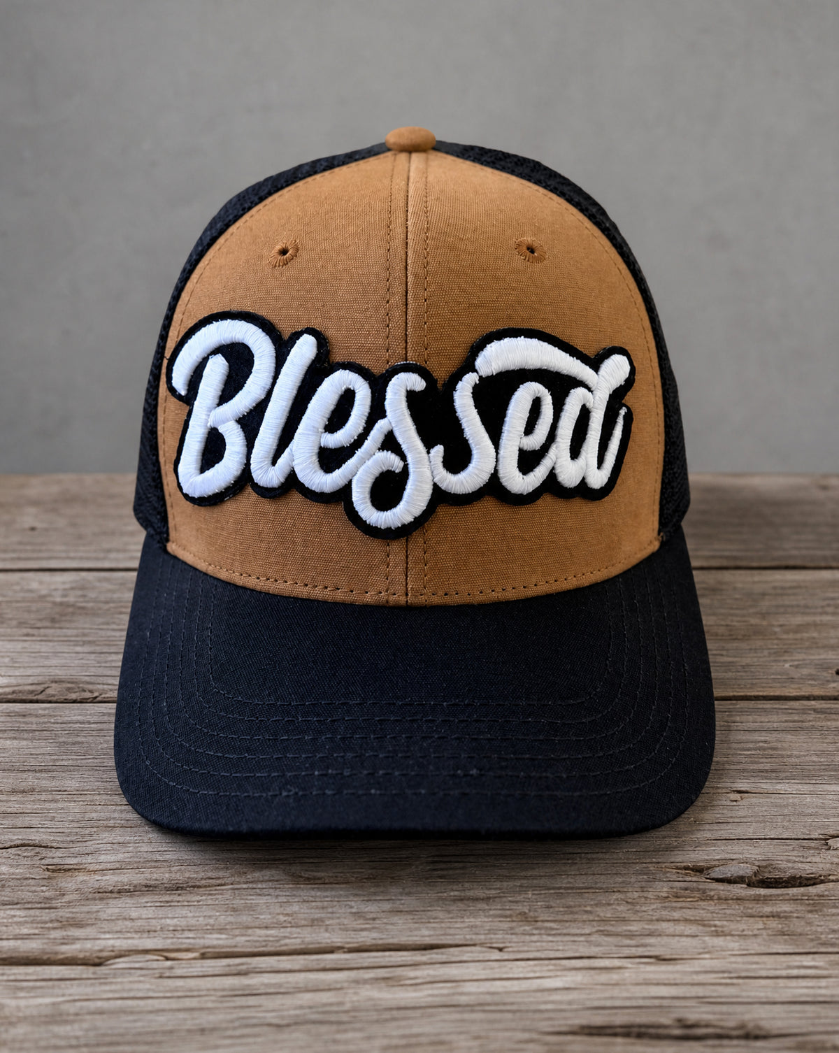 Glow in the dark Blessed mid-pro snapback trucker cap with handcrafted patch design