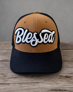 Glow in the dark Blessed mid-pro snapback trucker cap with handcrafted patch design