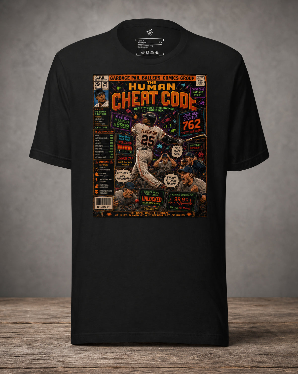 Front view Garbage Pail Ballers™ The Human Cheat Code Barry Bonds-inspired Vintage Diamond Classics baseball graphic T-shirt