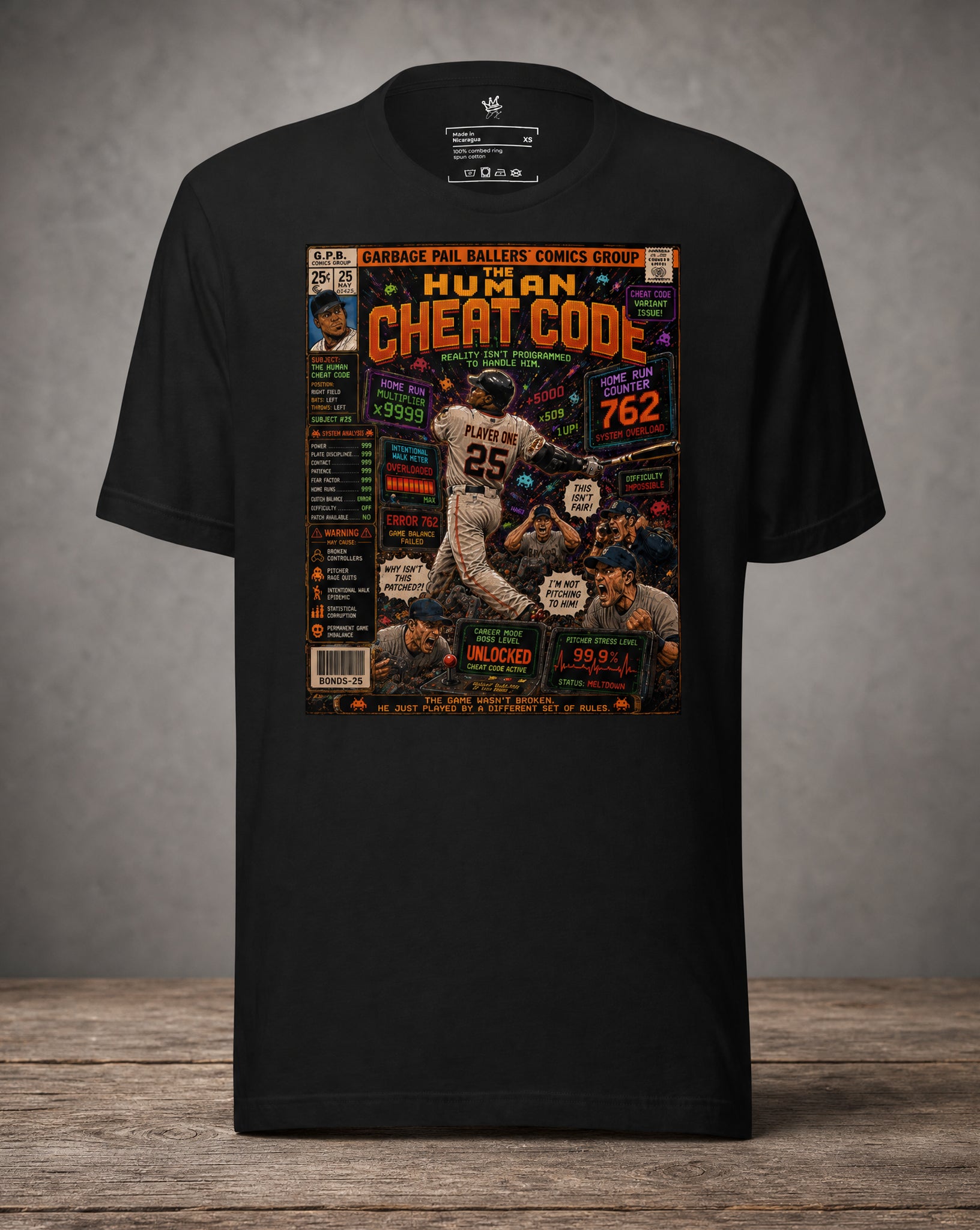 Front view Garbage Pail Ballers™ The Human Cheat Code Barry Bonds-inspired Vintage Diamond Classics baseball graphic T-shirt