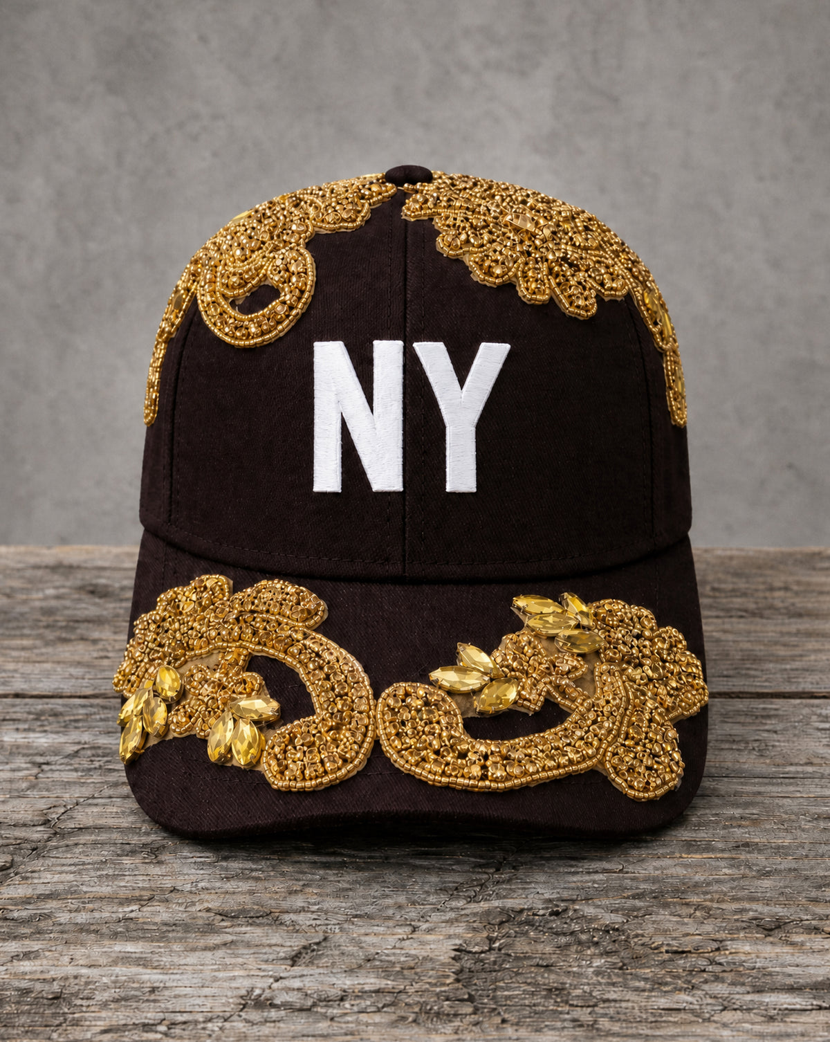 Crystal Appliqué New York hat with hand-applied crystal design
