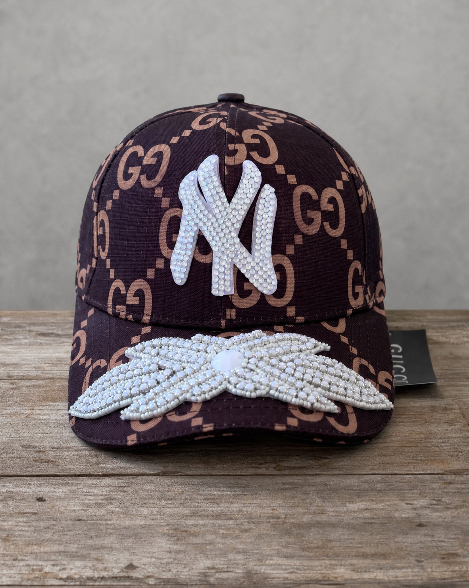 Limited Edition NY White Crystal Appliqué Hat with handcrafted rhinestone details
