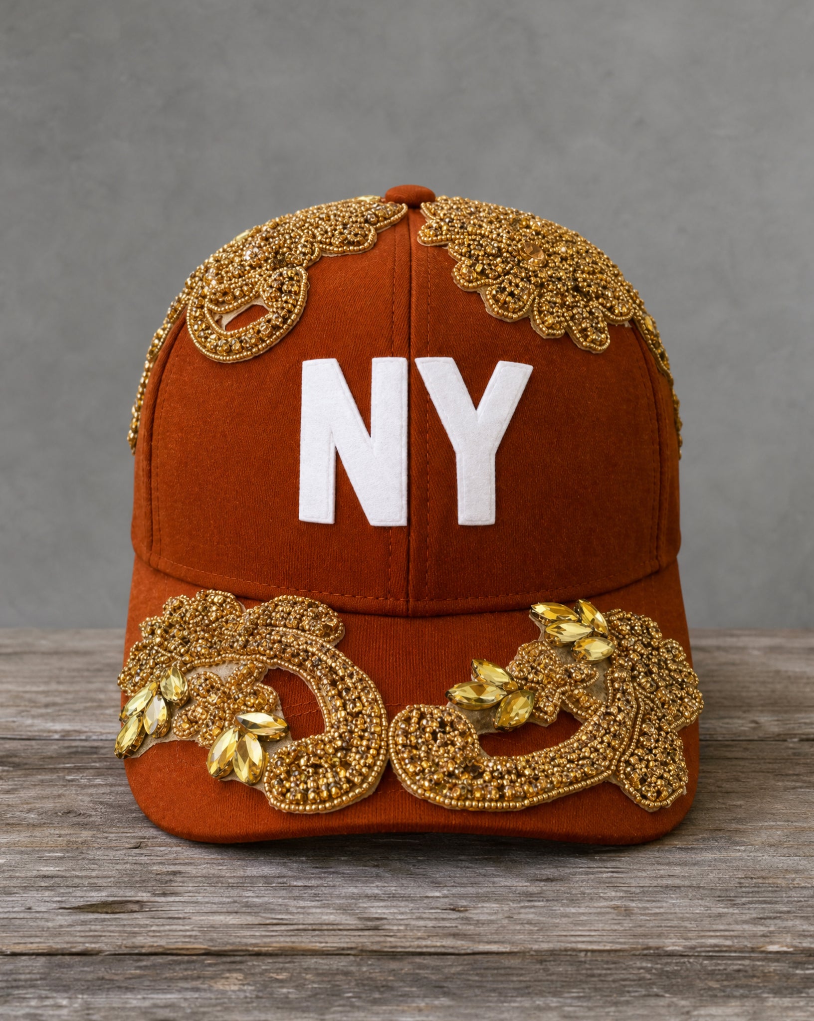 Crystal Appliqué New York hat with hand-applied crystal design