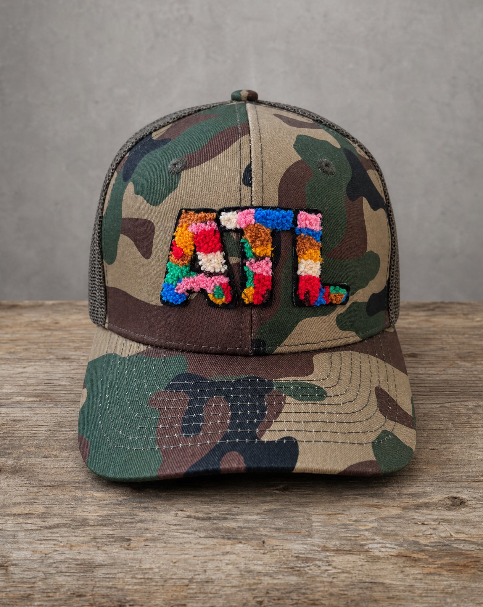 The City Collection ATL chenille camo hat with handcrafted chenille design