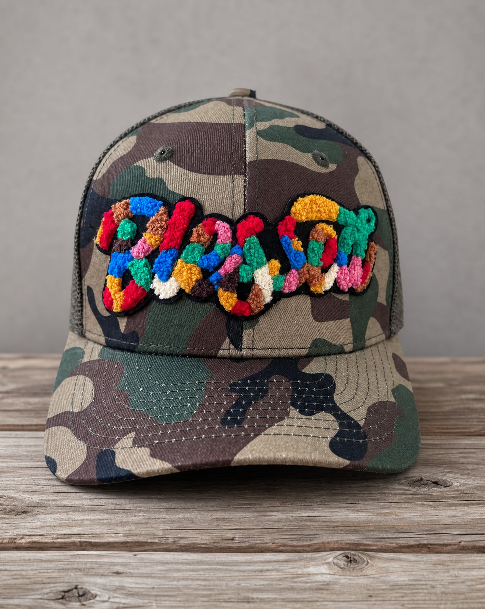 Blessed chenille camo hat with handcrafted chenille design