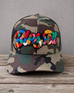 Blessed chenille camo hat with handcrafted chenille design