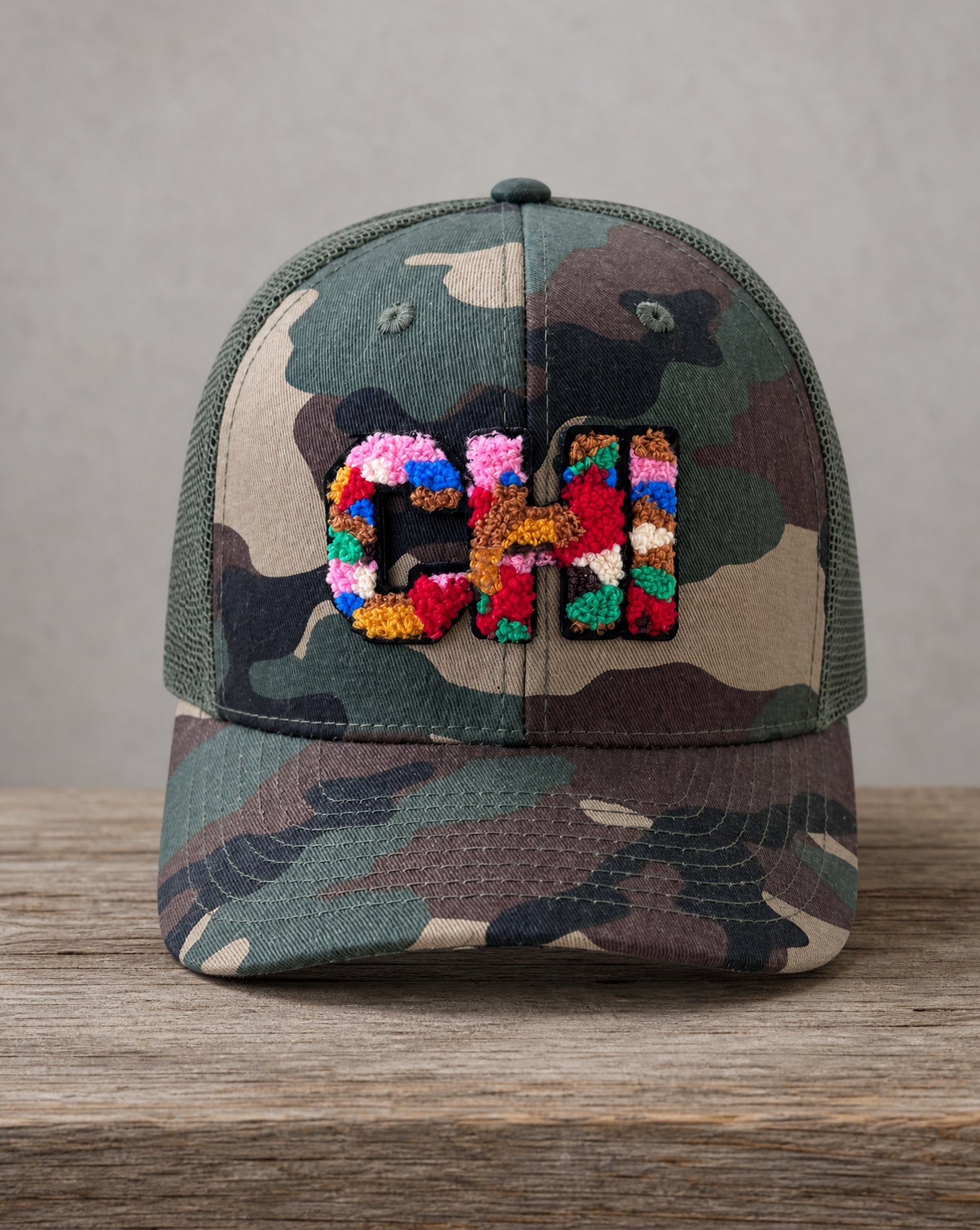 The City Collection CHI chenille camo hat with handcrafted chenille design