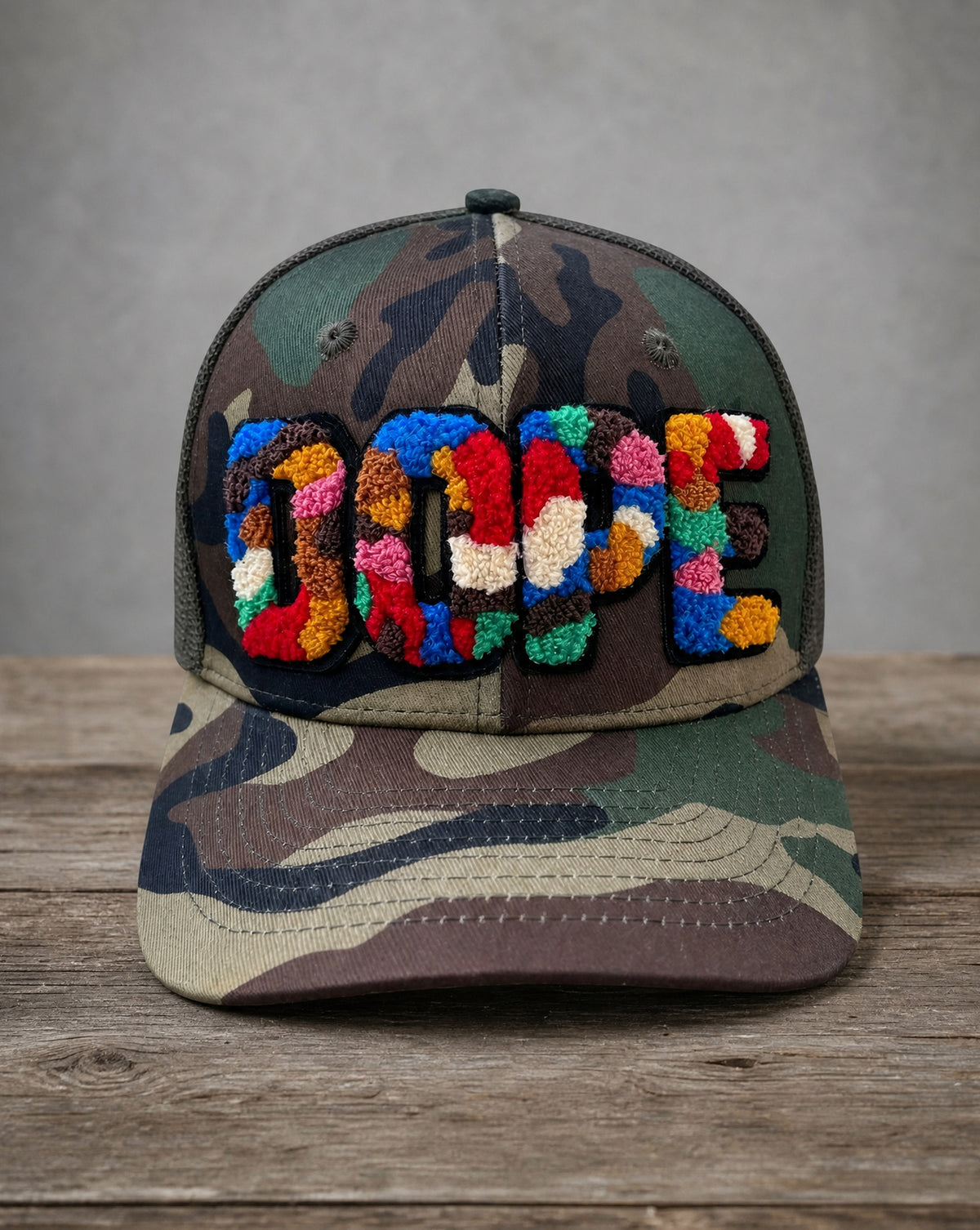 Chenille Dope camo patched hat handcrafted with premium chenille patches inspired by New York streetwear