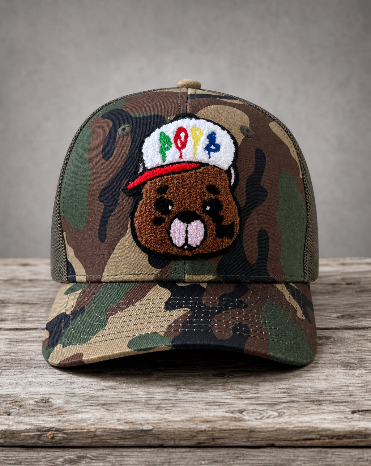 DOPE Bear chenille camo hat with handcrafted chenille design