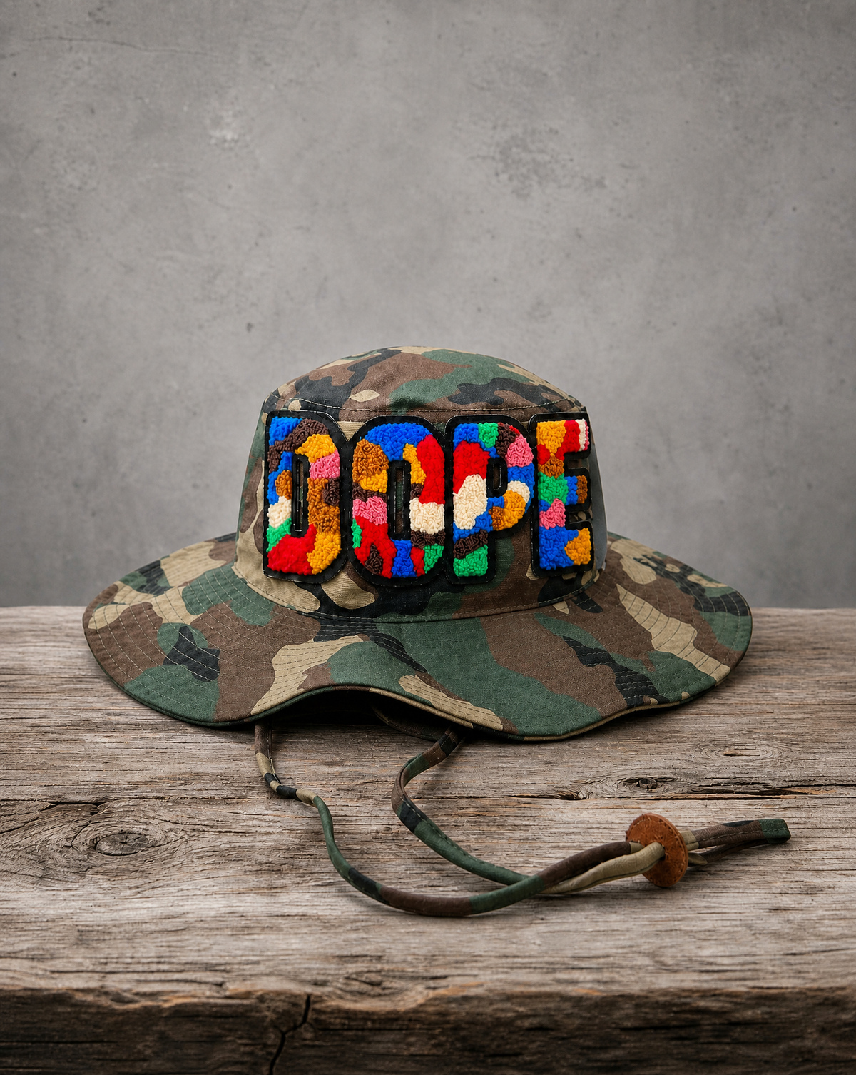 DOPE chenille camo patched boonie bucket hat with handcrafted streetwear patch design