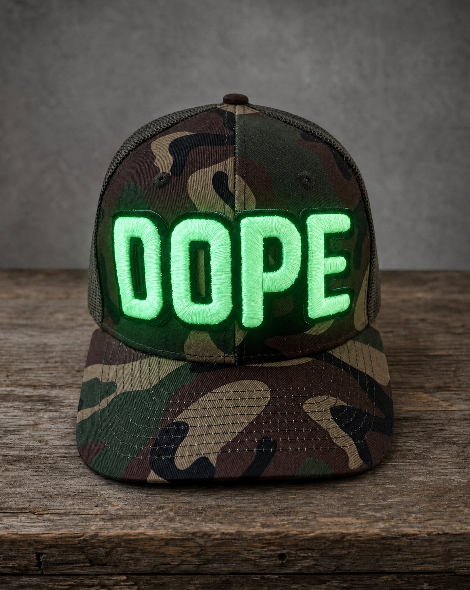 Glow in the dark DOPE camo patched hat with handcrafted premium patchwork glowing