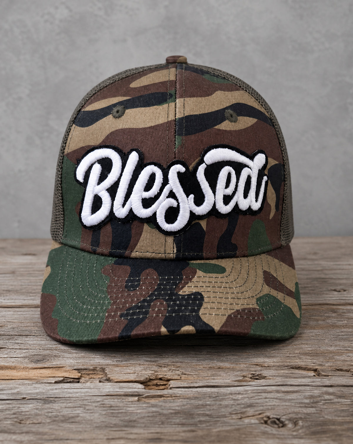 Glow in the dark Blessed camo snapback hat with handcrafted patch design
