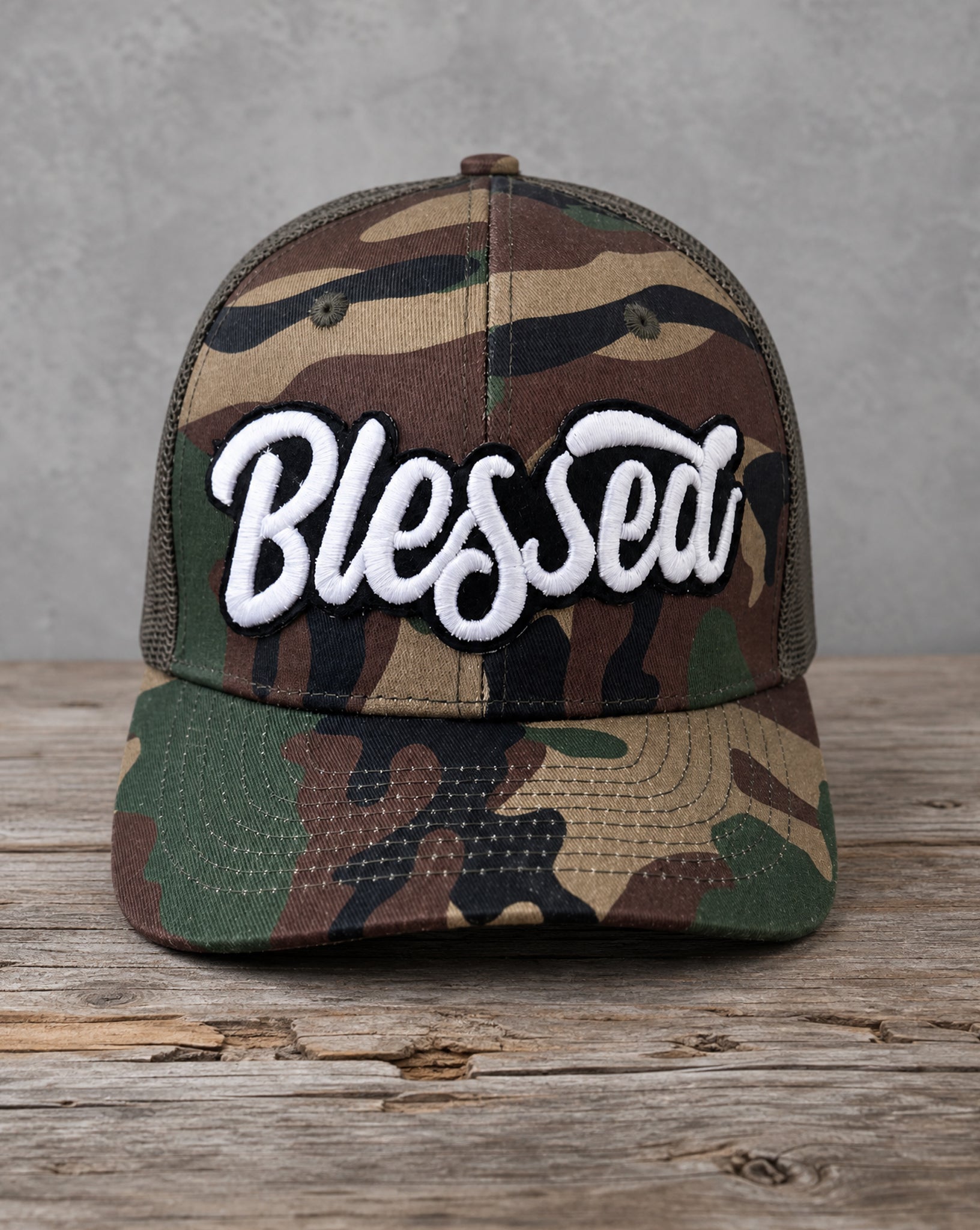 Glow in the dark Blessed camo snapback hat with handcrafted patch design
