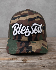 Glow in the dark Blessed camo snapback hat with handcrafted patch design