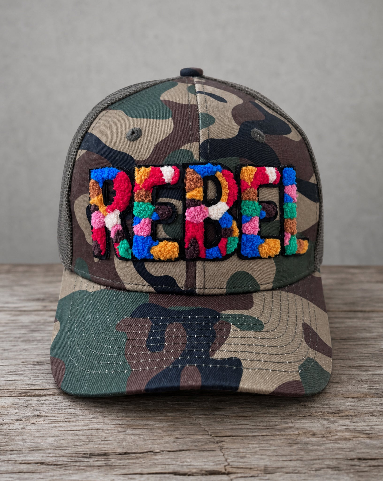Rebel chenille camo hat with handcrafted chenille design