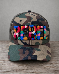 Rebel chenille camo hat with handcrafted chenille design