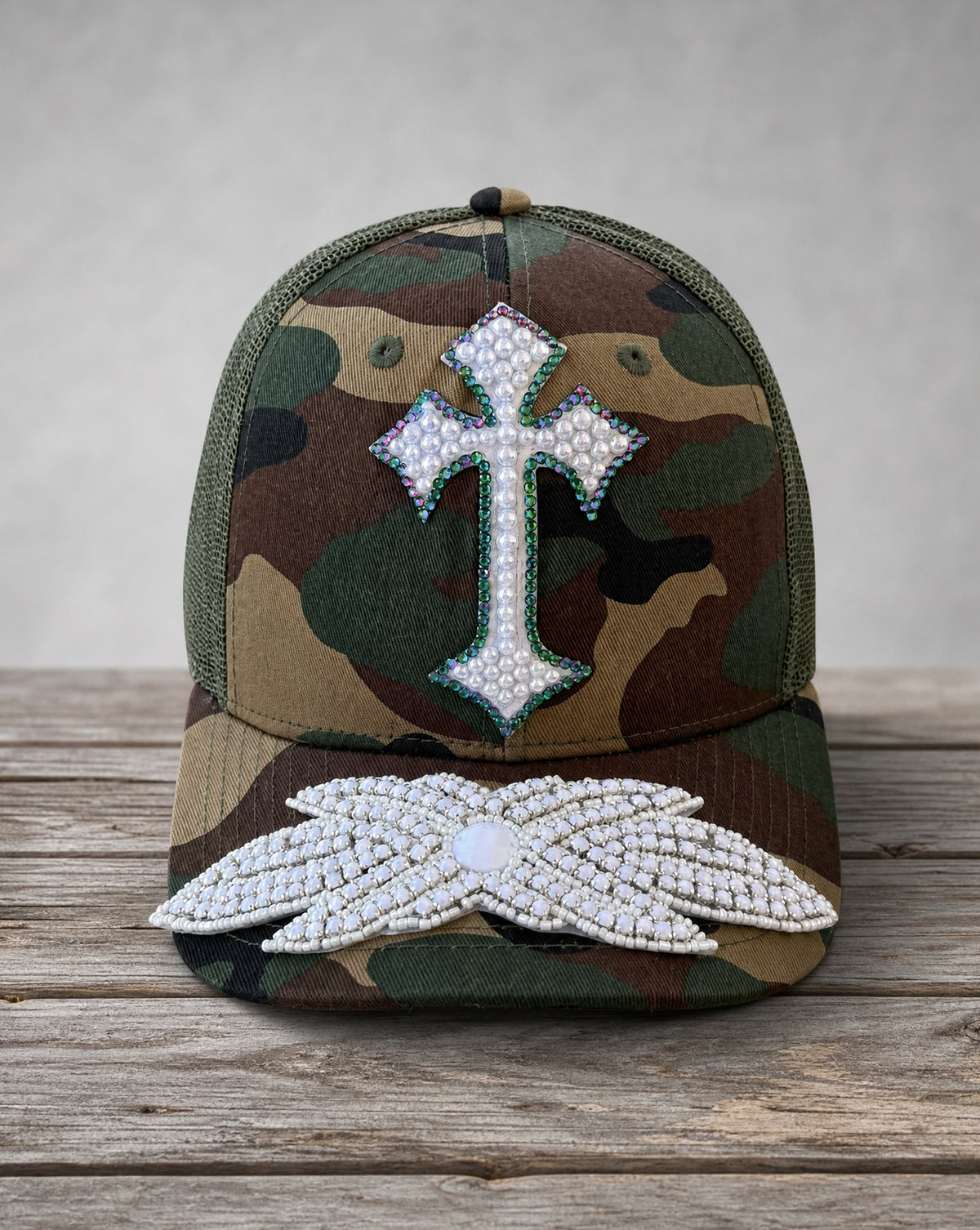 Crystal Appliqué Camo Cross hat with hand-applied crystal design