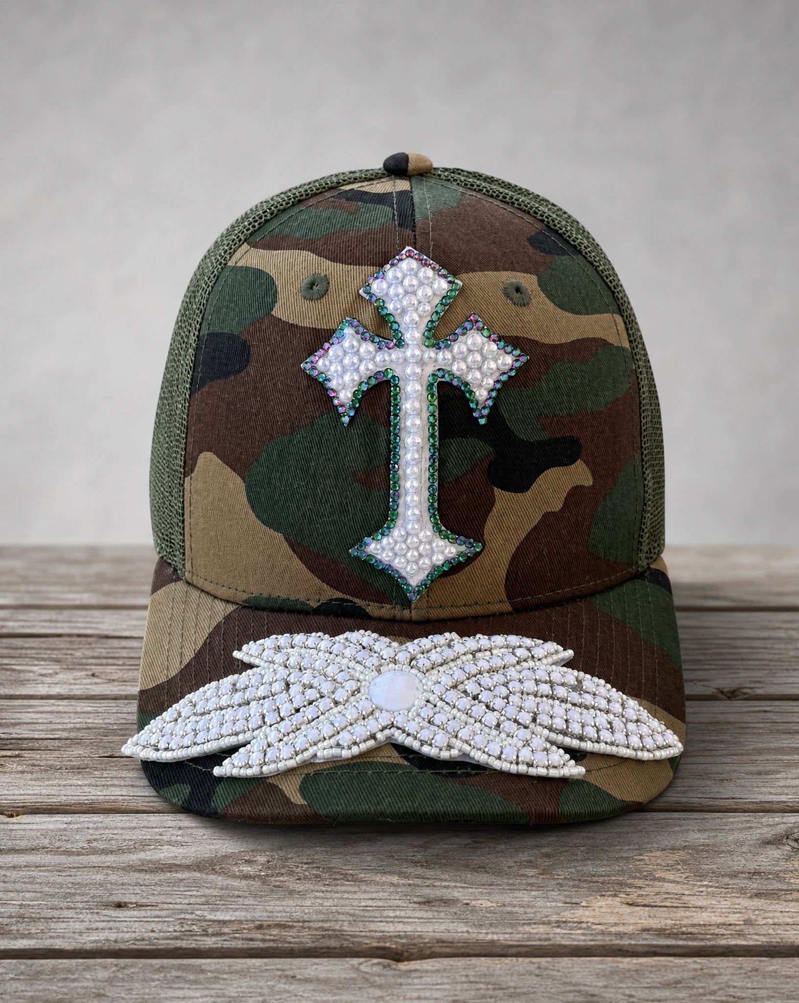 Crystal Appliqué Camo Cross hat with hand-applied crystal design