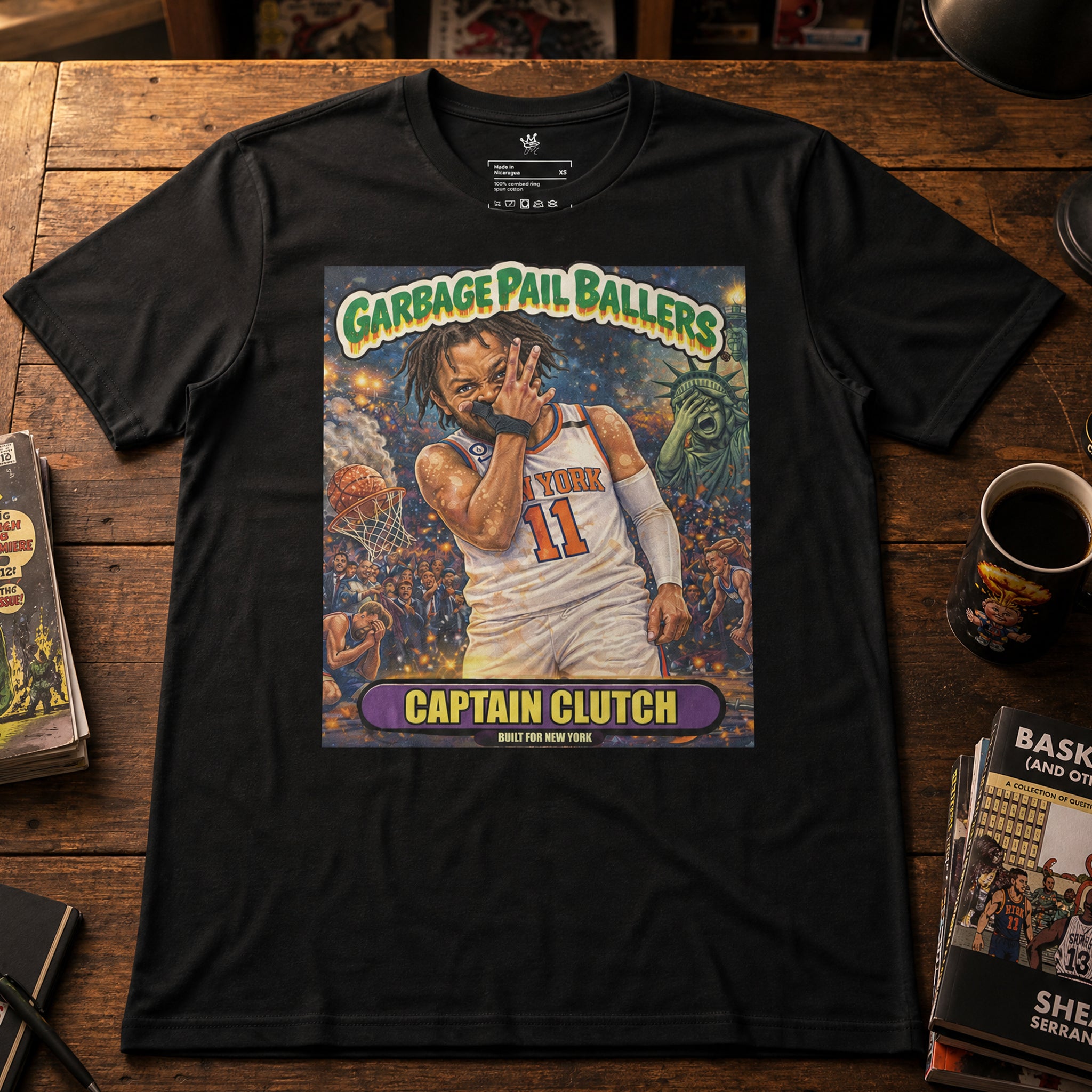 Garbage Pail Ballers™ Captain Clutch Jalen Brunson-inspired Vintage Hardwood Classics basketball graphic T-shirt