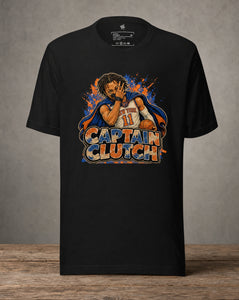Front view Garbage Pail Ballers™ Clutch Mode Jalen Brunson-inspired basketball graphic T-shirt with vintage collectible card artwork