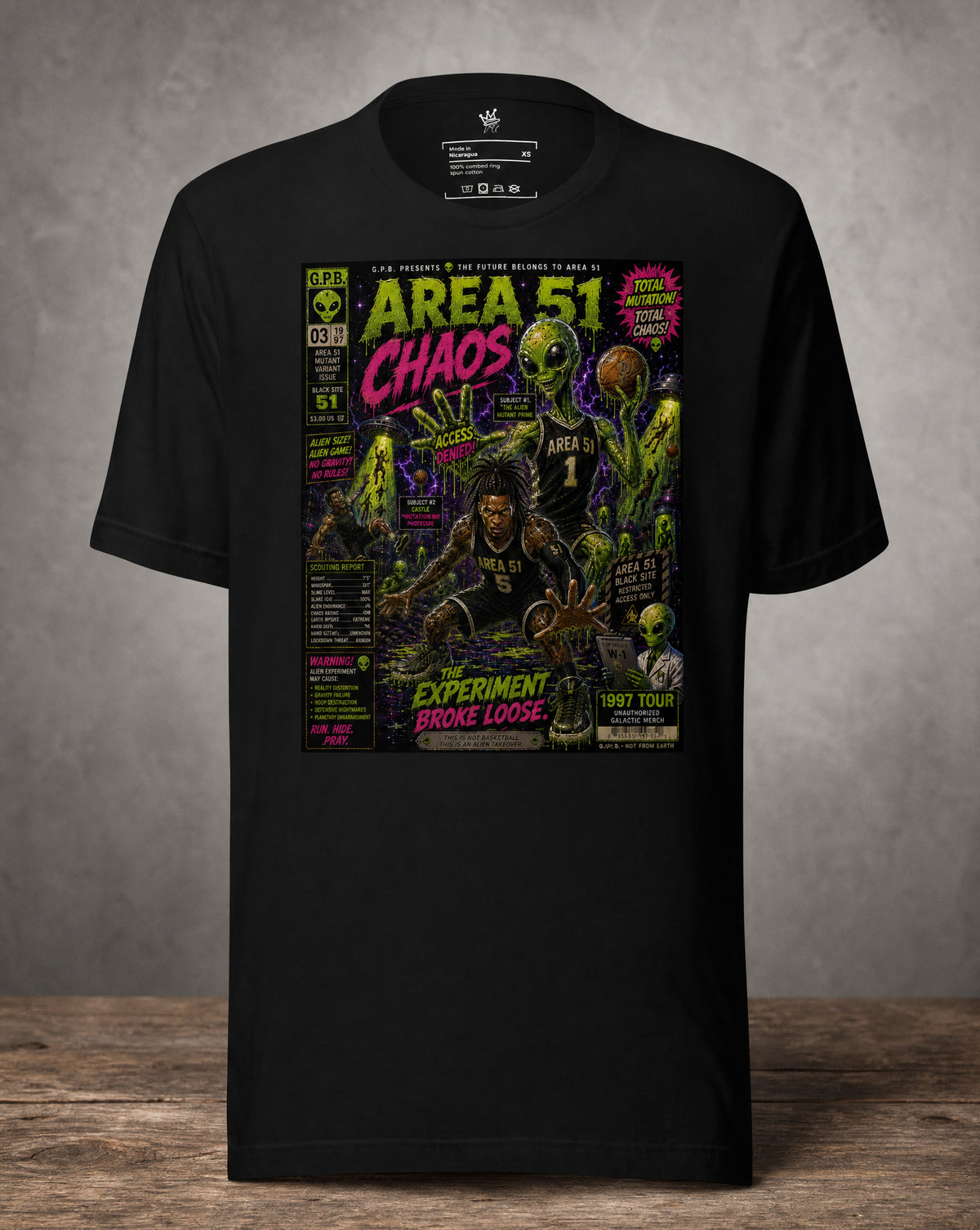 Front view Garbage Pail Ballers™ Chaos Victor Wembanyama and Stephon Castle-inspired Vintage Hardwood Classics basketball graphic T-shirt